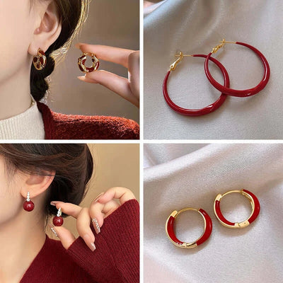 Hoop earrings featuring vintage red spot design and U-shaped round dripping oil style. Elegant accessory for any outfit.